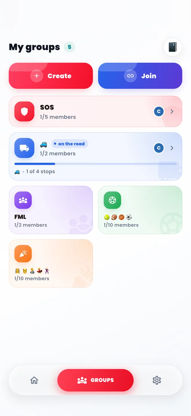 AUNOR's My groups screen, showing the SOS, Transport, Family, Sports and Events groups