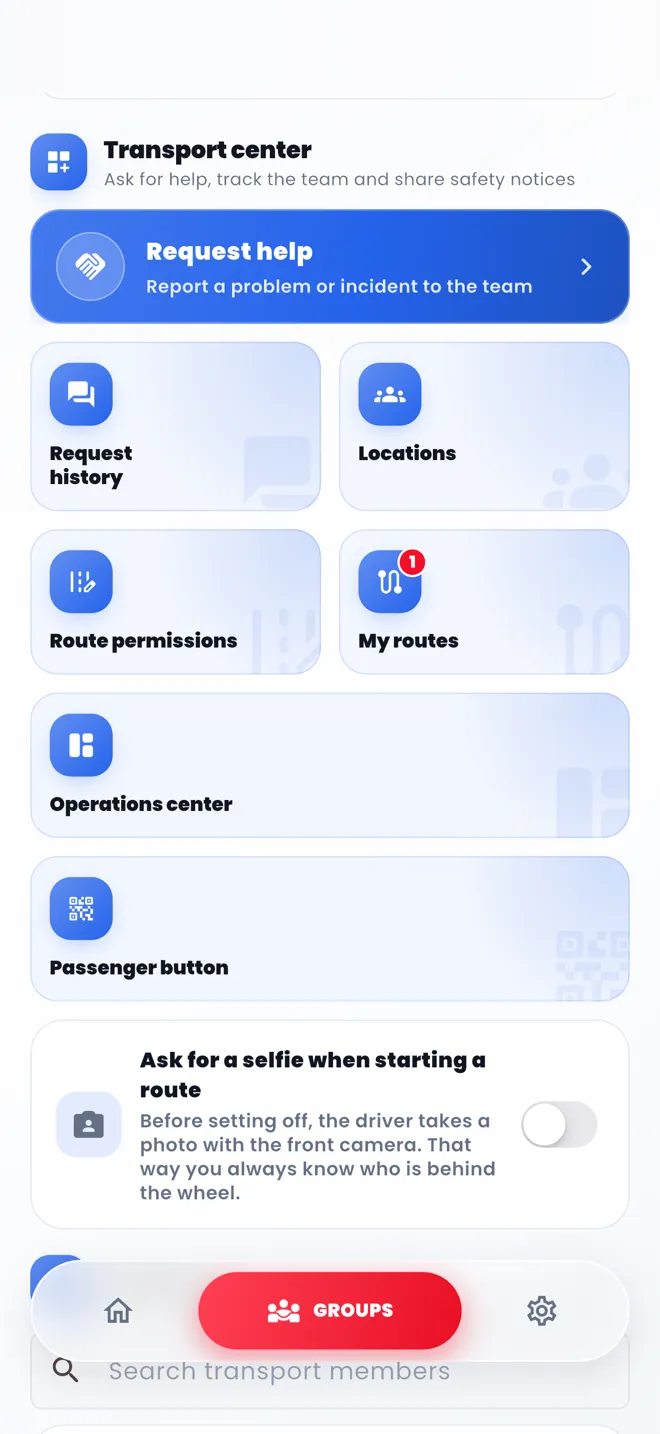 AUNOR's Transport hub screen, with request history and routes