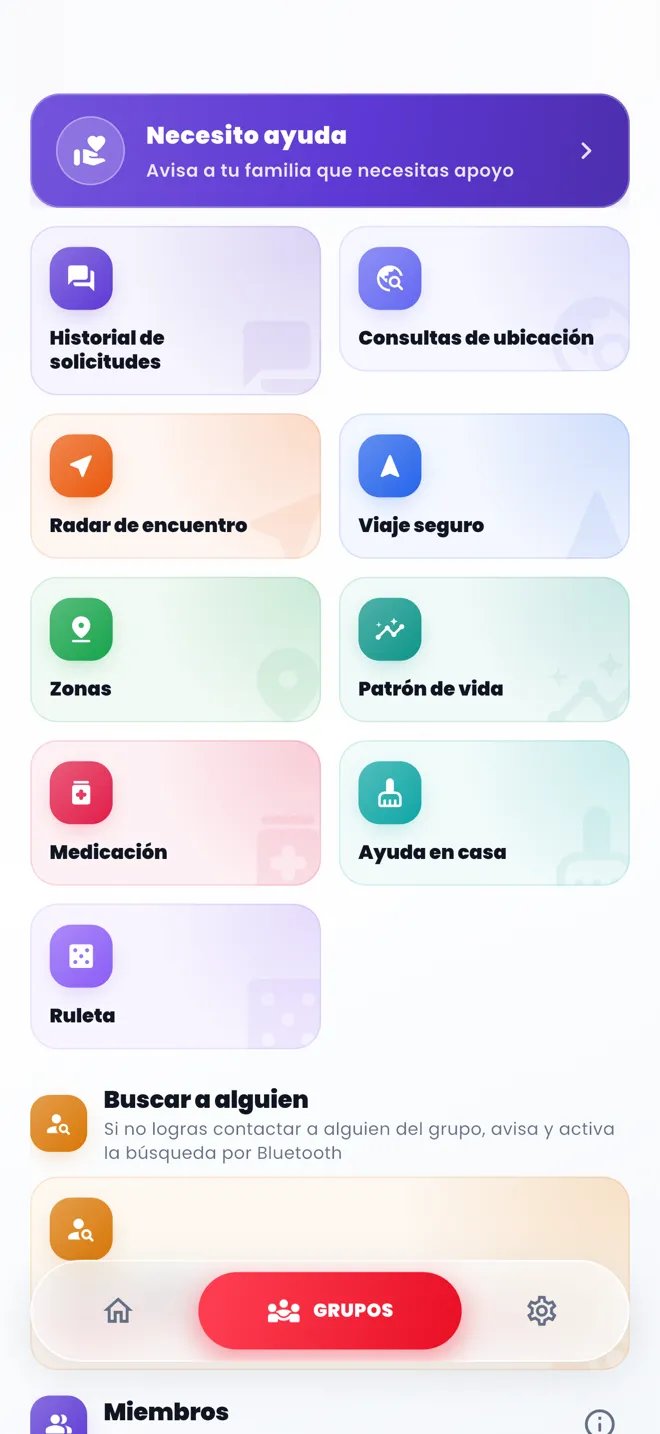 Pantalla del grupo Familia en AUNOR, con accesos a zonas, medicación y patrón de vida