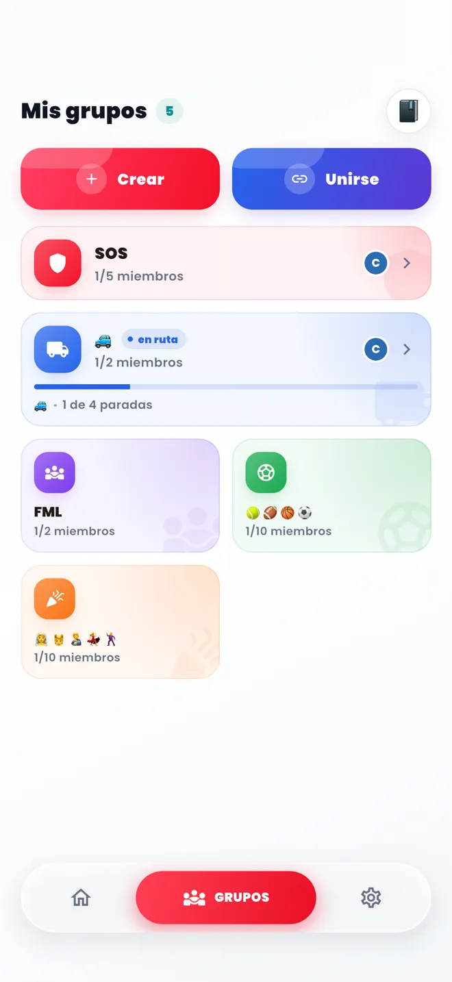 Pantalla de Mis grupos en AUNOR, con los grupos SOS, Transporte, Familia, Deporte y Eventos
