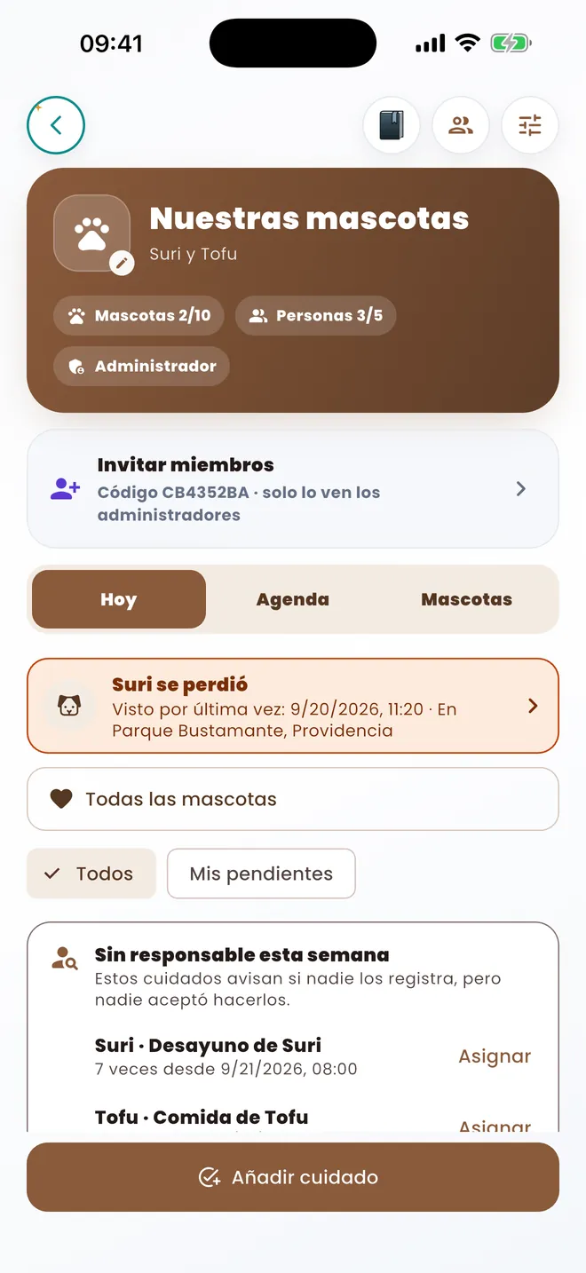Pantalla del grupo Mascotas en AUNOR, con el aviso de una mascota perdida y los cuidados que aún no tienen responsable