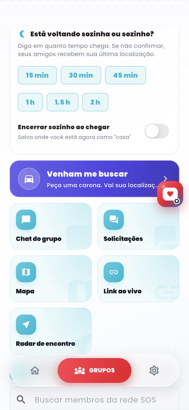 Tela do grupo Amigos da AUNOR, com o cronômetro de volta para casa e atalhos para mapa e link ao vivo