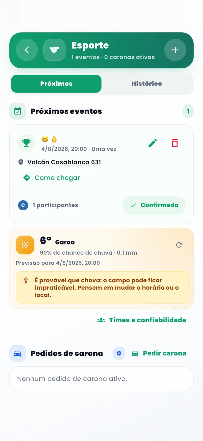 Tela do grupo Esporte da AUNOR, com um evento próximo e um alerta de clima