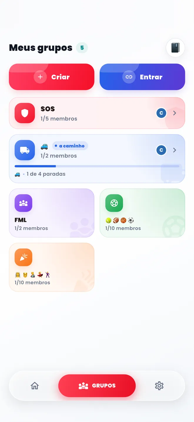 Tela Meus grupos da AUNOR, com os grupos SOS, Transporte, Família, Esporte e Eventos