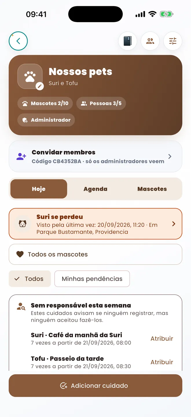 Tela do grupo Mascotes do AUNOR, com o aviso de um pet perdido e cuidados que ainda não têm responsável