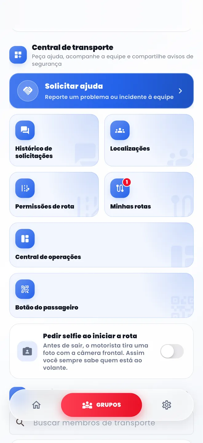 Tela do Centro de transporte da AUNOR, com histórico de solicitações e rotas